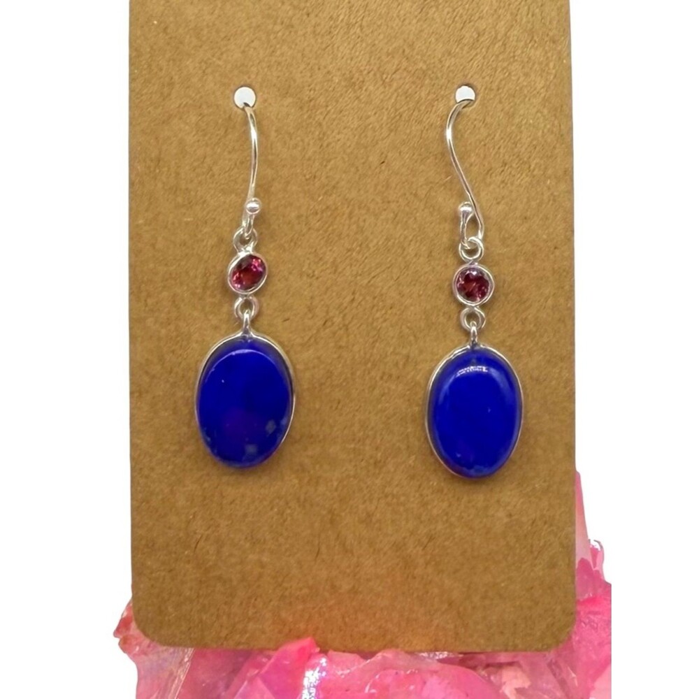 Lapis Lazuli Garnet Earrings Solid 925 Sterling Silver Dangle Drop Blue Stone
